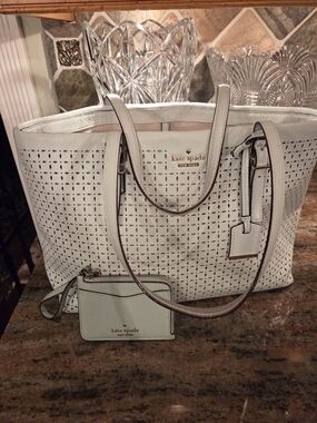 kate spade Pale Green Perforated Leather Tote with Wristlet